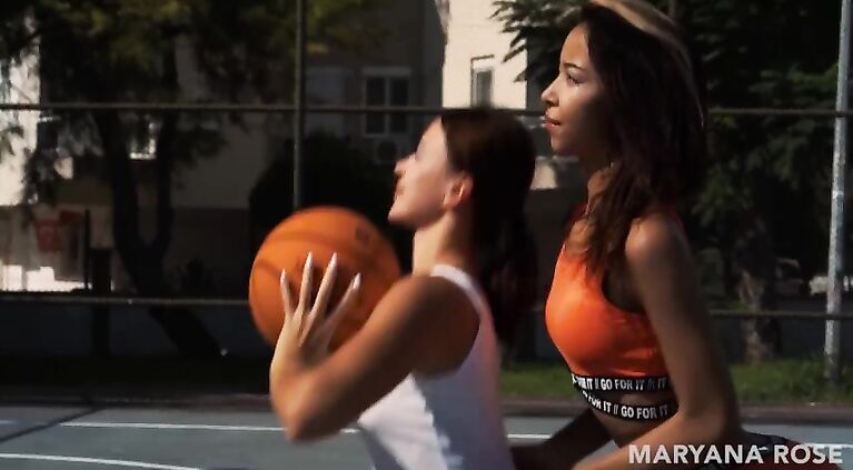 TWO GIRLS PUSSY BALL. Maryana Rose got horny during a basketball and seduced her ebony girlfriend into pussy licking and hot lesbian sex with powerful orgasm