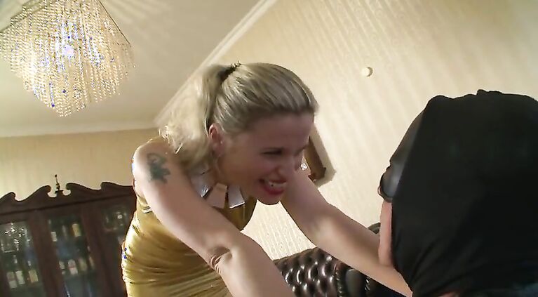 Hot domina makes men eat pussy and get fucked by strap on