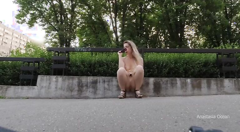 Perverted public slut walk. Upskirt, no panties, flashing pussy outside in tight short dress.