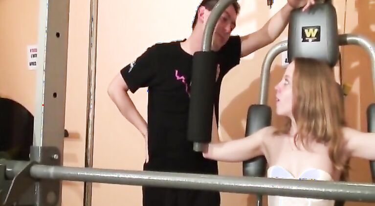 Beautiful French babe gets fucked by two dudes at the gym
