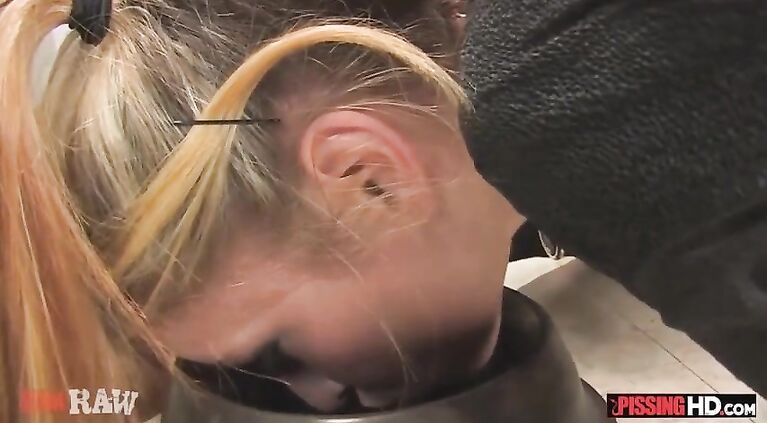 Kinky blonde slut Calico bound and pissed on